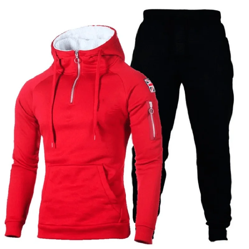 new Autumn fashion men's clothing casual gym fitness outdoor jogging sportswear men's baseball zippered hoodie+pants 2-piece set