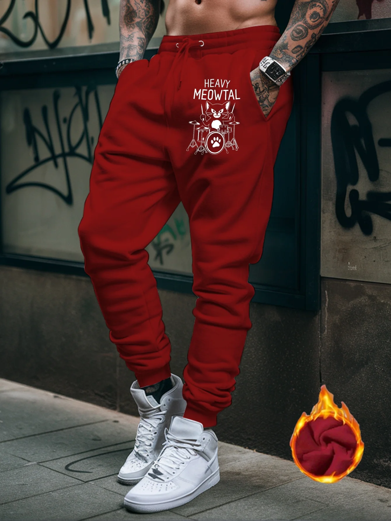 Riff‑focused Cat Drummer Heavy Meowtal Funny Music Phrase Sketch Art Print Soft Men Sweatpants Hip Hop Sports Jogger Trousers