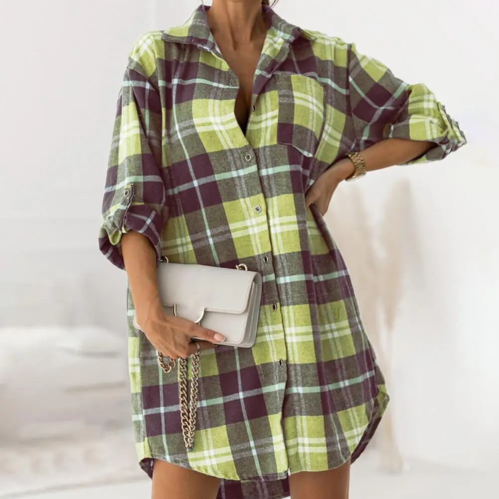 

Women Autumn Casual Loose Long Blouse Elegant Single-breasted Plaid Shirts Blusa Fashion Adjust Sleeve Oversized Shirt Tops 2023