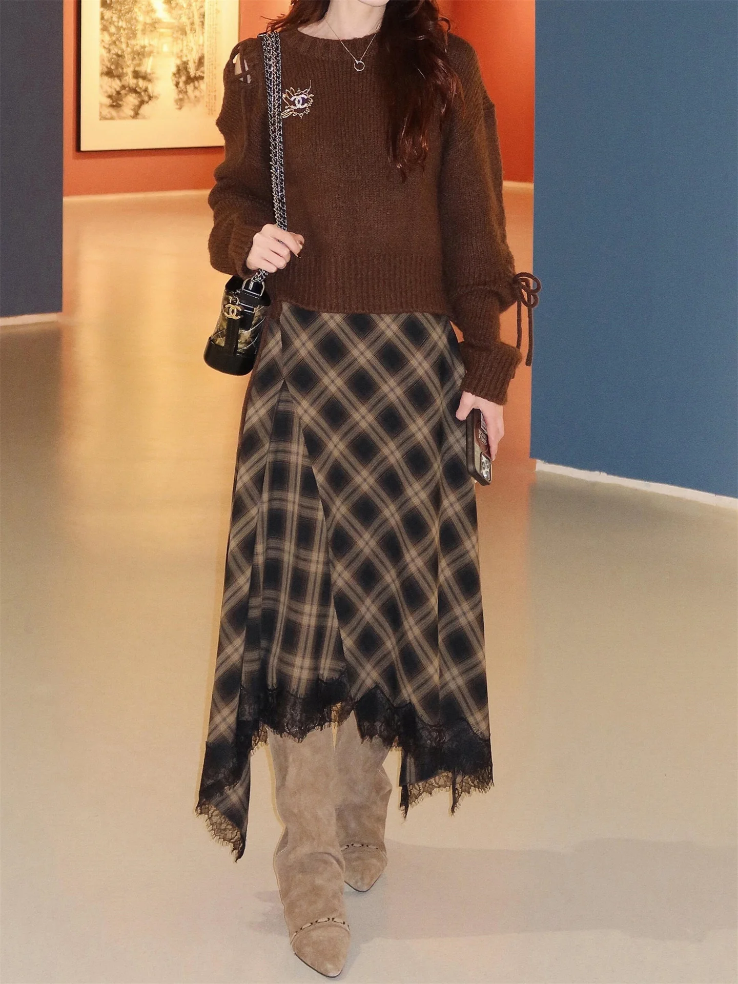 BANA Mid-Length A-Line Skirt Lace Patchwork Women's Autumn Winter High Waist Casual Style City Commute Daily Travel Skirt