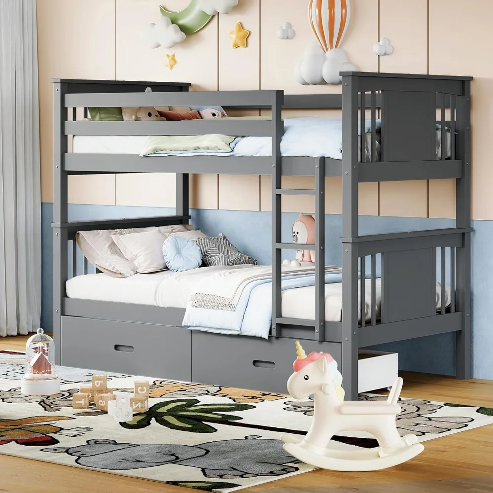 "Cama literaria doble blanca/azul-gris: cajones y escalera de almacenamiento, diseño convertible de madera con barandilla de seguridad"