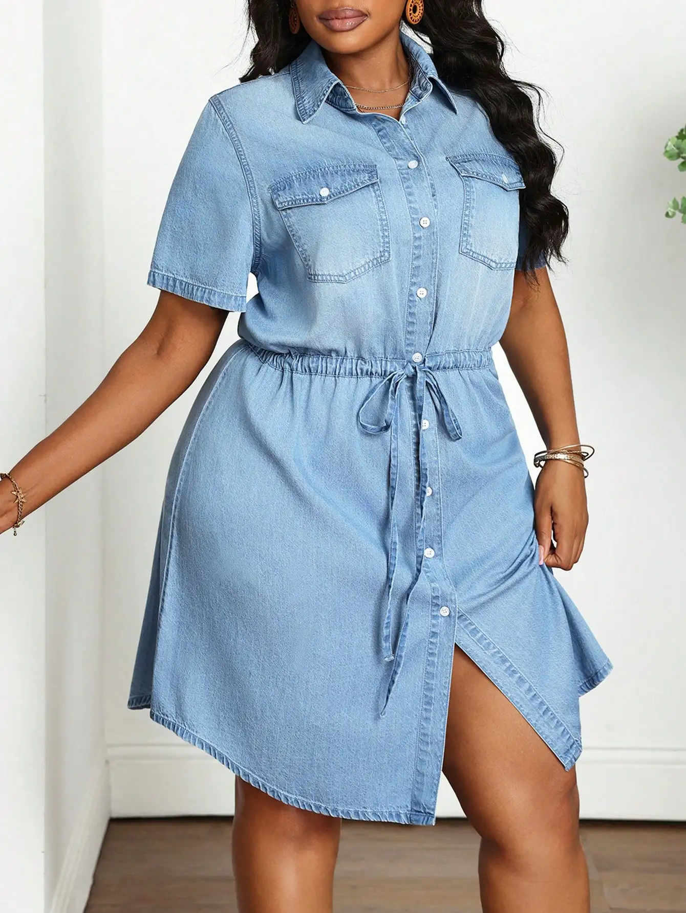 

Plus Size Denim Midi Dress Casual Short Sleeve Blue
