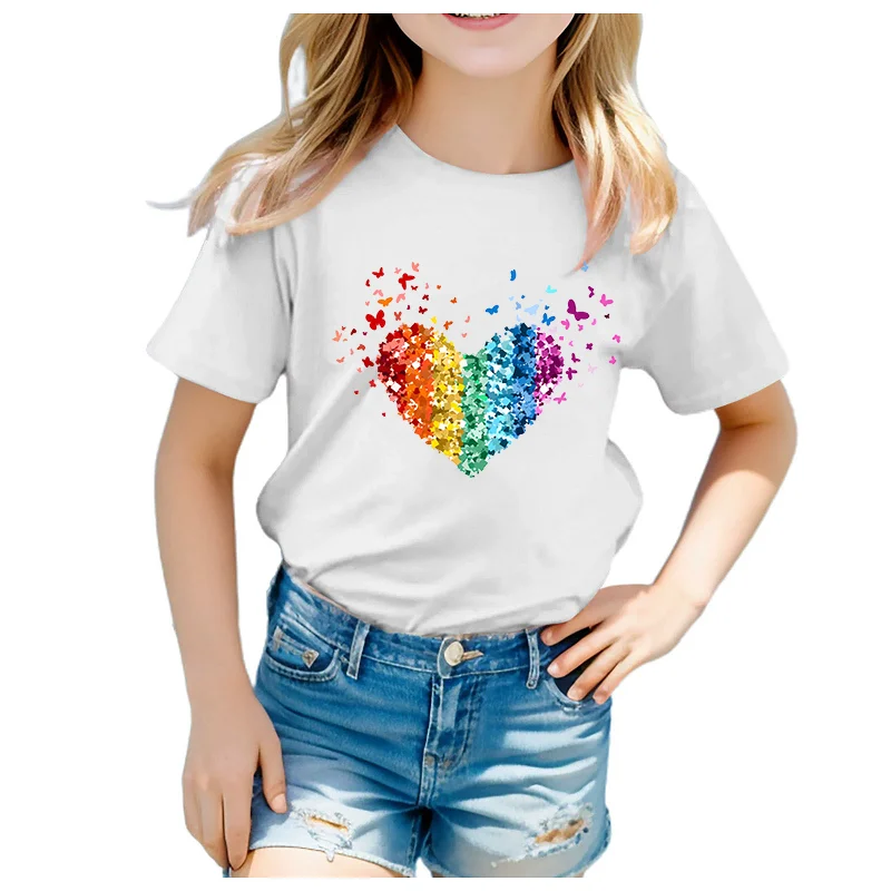 

Butterfly heart-shaped pattern printed round-neck short-sleeved casual fashionable best-selling girls' T-shirt