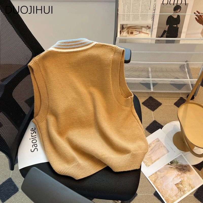 DUOJIHUI Preppy Style Spell Color Chicly Cardigan Female Sweater Vest New Vintage Basic V-neck Fashion Button Women Sweater Vest