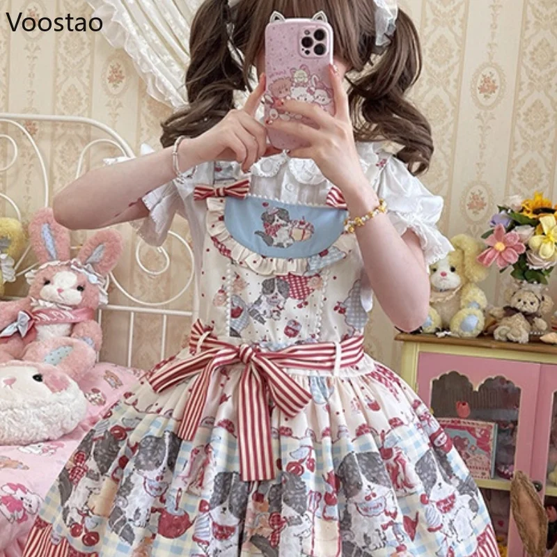 Japanese Sweet Lolita Shirts Women Vintage Cute Lace Ruffles Bow Short Sleeves Blouses Girls Kawaii Peter Pan Collar White Tops