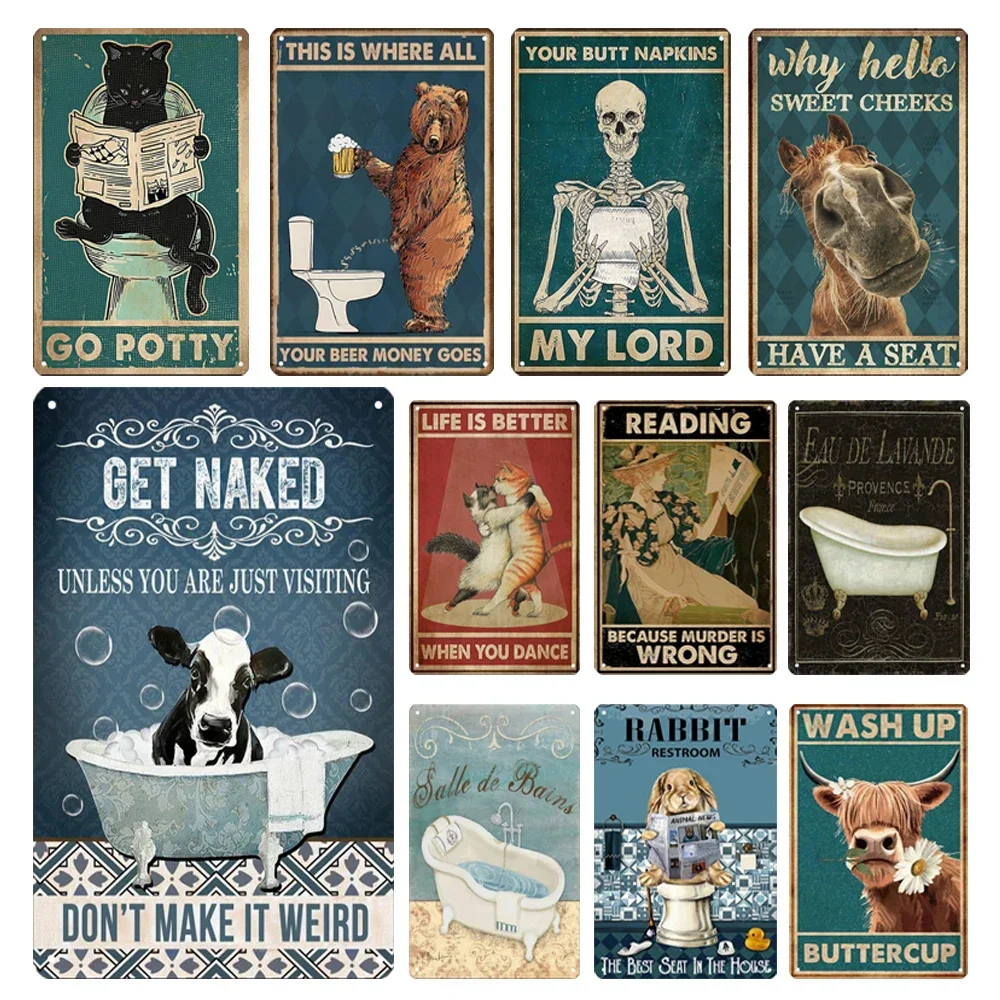 Metallplakat Vintage Zinn Zeichen bekommen nackt lustig Badezimmer Esel Retro Platte Plakette schwarz Katze Toilette Zauberstab