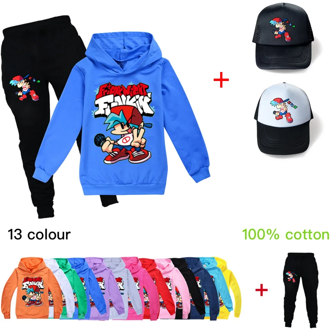 

Children's Clothing Sets Boys Girls Hoodies Cartoon Friday Night Funkin Sweatshirts Game Kids Clothes Top+Pants+Sunhat 3pcs Sets