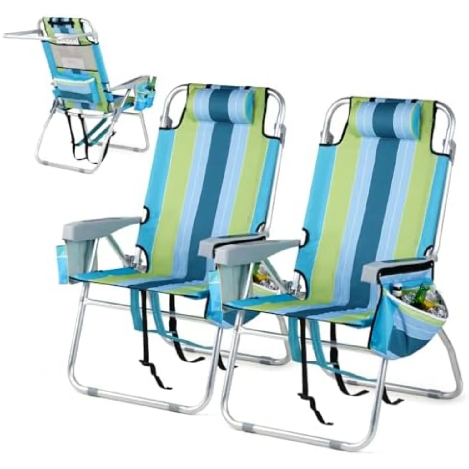 Tall Beach Chair 2 Pack Lightweight, Backpack Beach Chair for Adults with 5-Position, Cooler Bag, Cup Holders, Towel