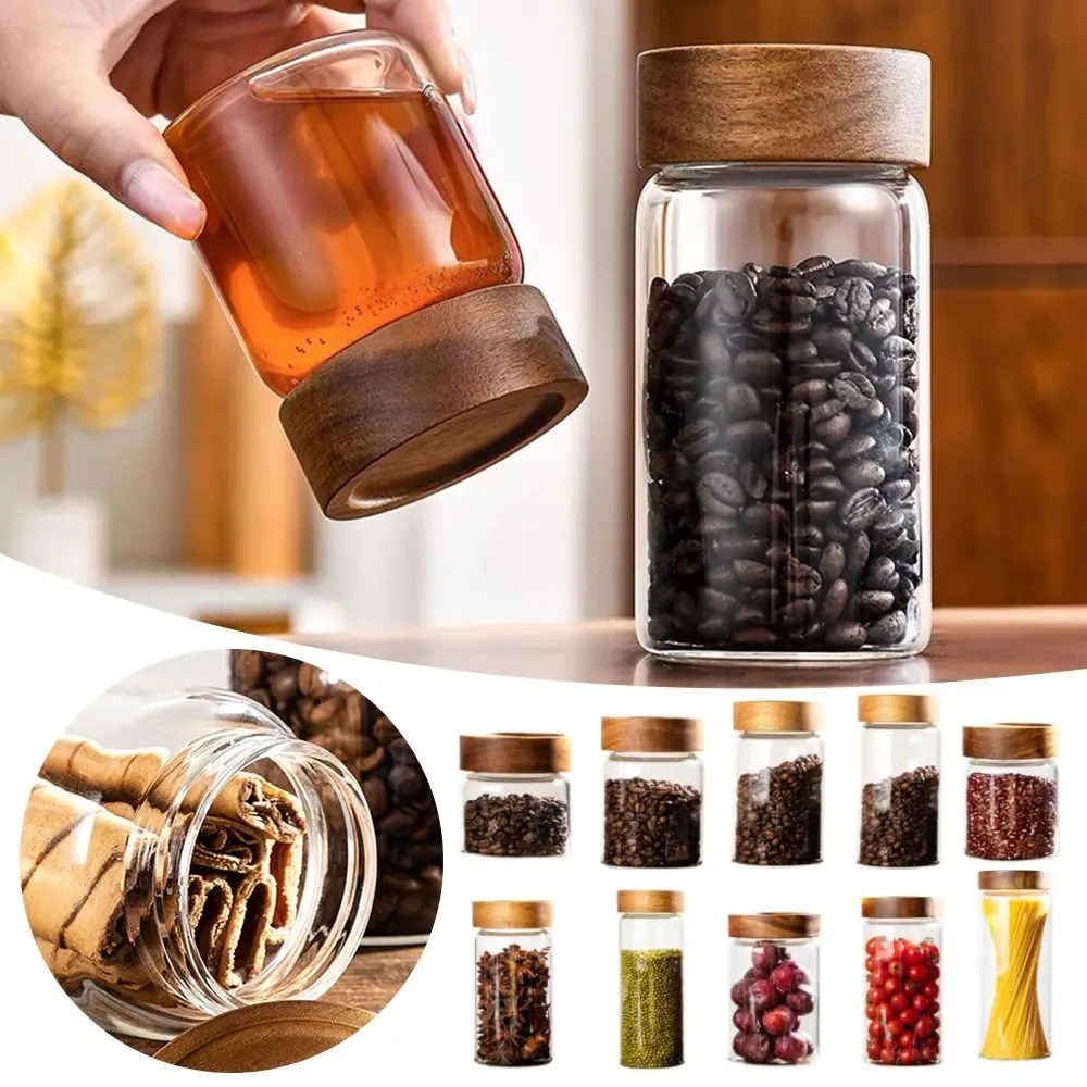 Wood Lid Glass Airtight Canister Kitchen Storage Bottles Jars Food Container Grains Tea Coffee Beans Grains Candy Jar Containers