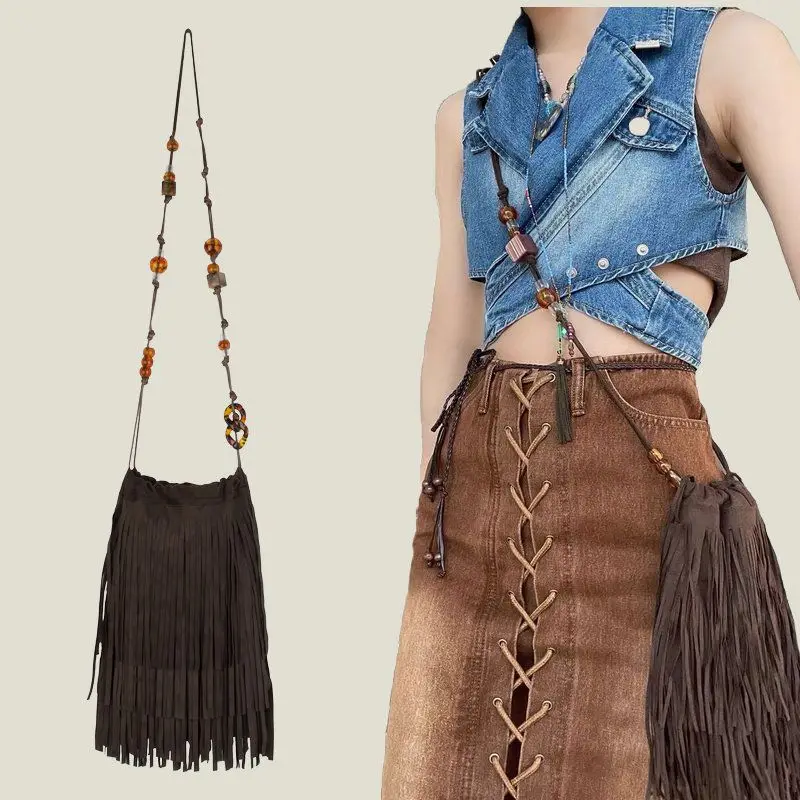 Frosted PU Leather Fringe Tassel Original Bohemian Bag Beads Bags Women\'s Handbags Purses Vintage Women Shoulder Crossbody Bag