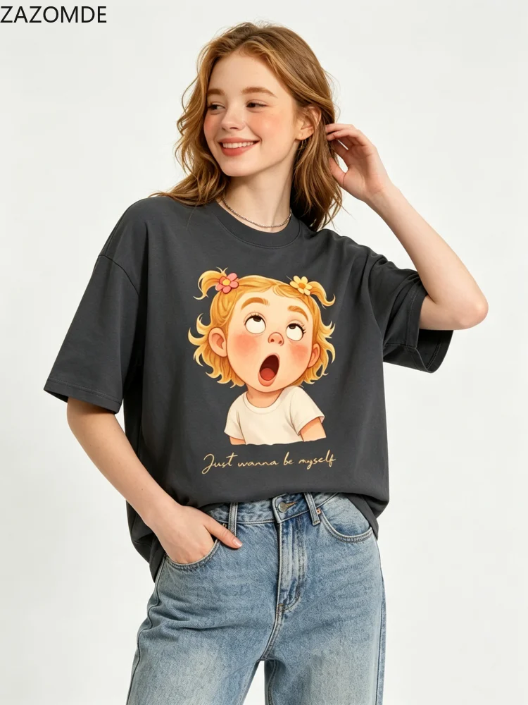 ZAZOMDE Summer Cotton T Shirt Cute Surprised Little Girl Graphic Print O Neck Short Sleeve Tees Casual Loose Streetwear Tops