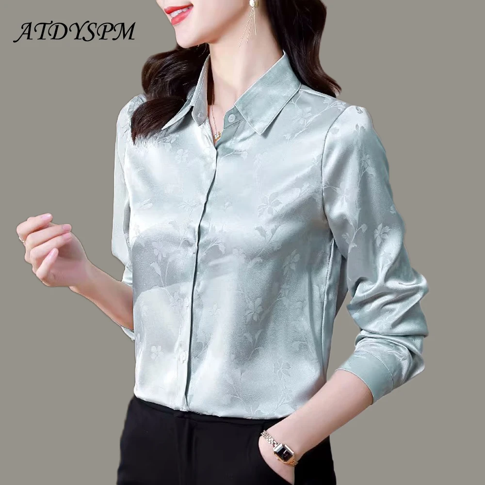 Women Thin Satin Shirts Long Sleeve Jacquard Fashion Women Blouses 2024 Elegant Office Lady OL Basic Tops Casual Clothing