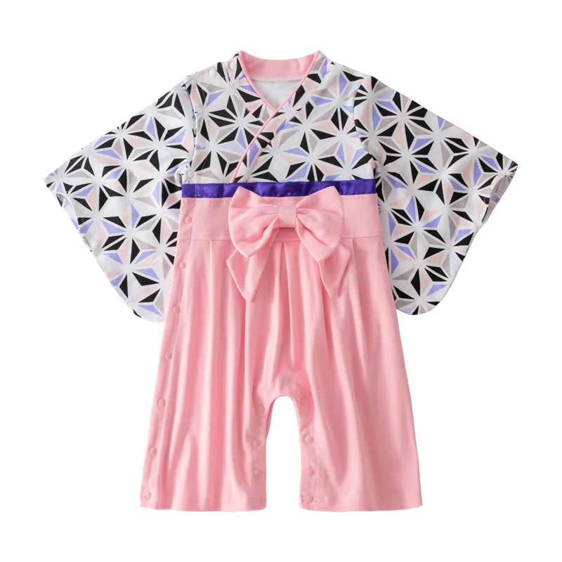 Japanese Style Baby Girl Kimono Romper Cotton Infant Jumpsuit Long Sleeve Floral Print Pink Clothes Toddler Spring Fall Outfit