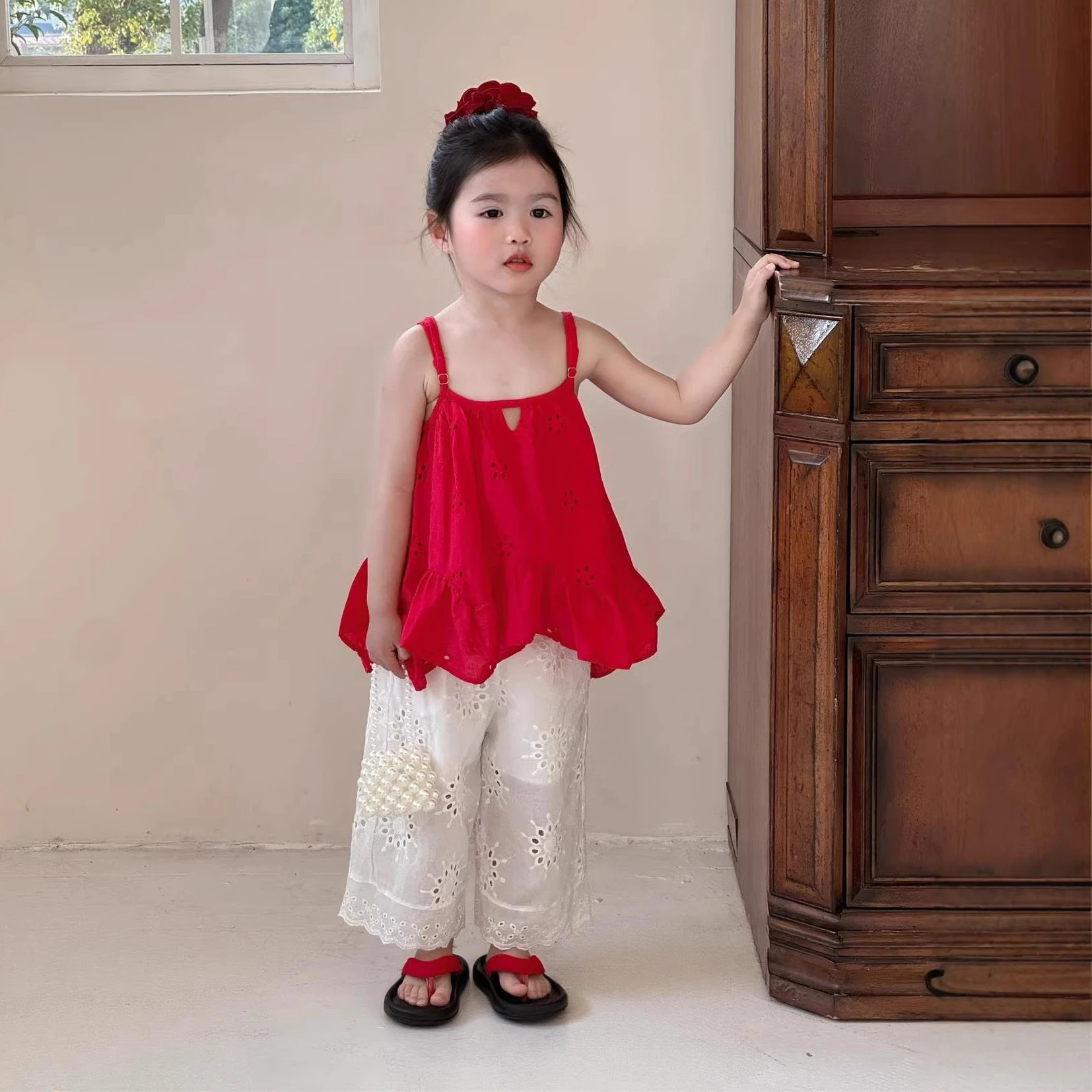Girls Set 2026 Spring and Summer New Childrens Clothing Girl Baby Loose Lotus Leaf Suspender Hollow Wide Leg Pants Two Sets