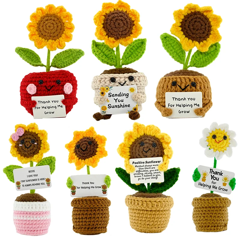 PlantSeries Boneca de Crochê Girassol de Energia Positiva, Feita à Mão, Planta em Vaso de Crochê, com Cartão de Encorajamento, Mini Decoração de Mesa, Presente