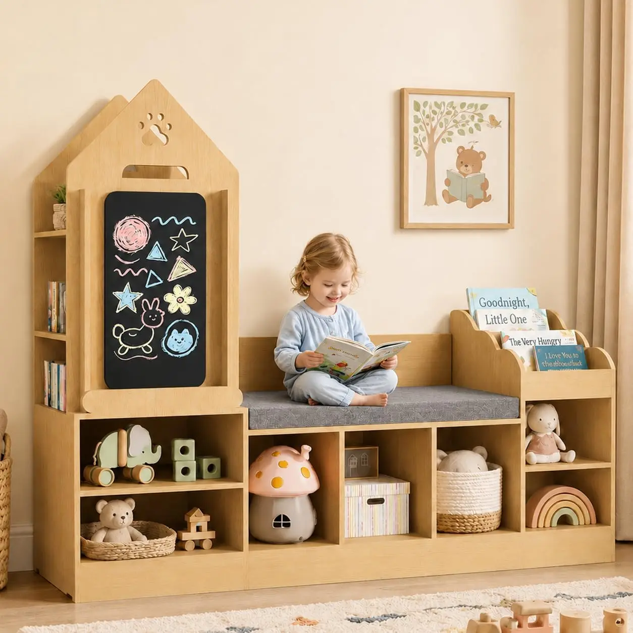 Kids Reading Nook Storage Bench Chalkboard Wooden Bookshelf Toy Organizer Boys Girls Toddler Bedroom Nursery Playroom Natural Oa