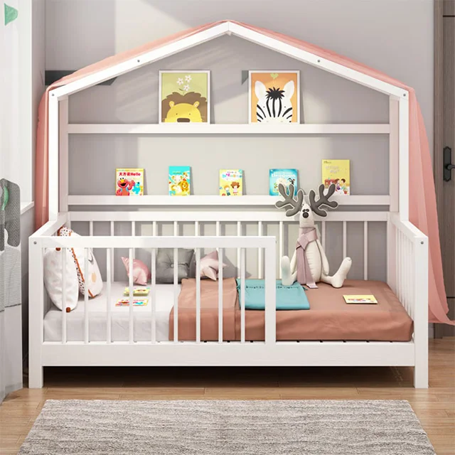 Cama Montessori lit en bois de pin en forme de maison avec Rails lit de maison en bois pour enfants chambre à coucher décor à la maison meubles chambre