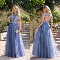 A-line Scoop Neckline Sleeveless Floor-length Soft Shiny Tulle Dusty Blue Evening Dresses Elegant Appliques Sexy Backless Fish