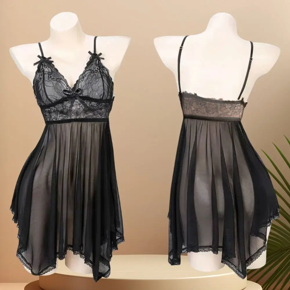 

Nightgown Sexy Clothing Lace Skirt Transparent Mesh Bow Deep V Lace Skirt Slim Fit Sleeveless Sexy Lingerie Dress Home