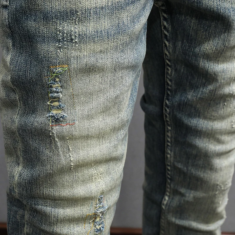 Fashion Vintage Men Jeans Retro Washed Blue Stretch Slim Fit Ripped Jeans Men Embroidery Patched Designer Denim Pants Hombre