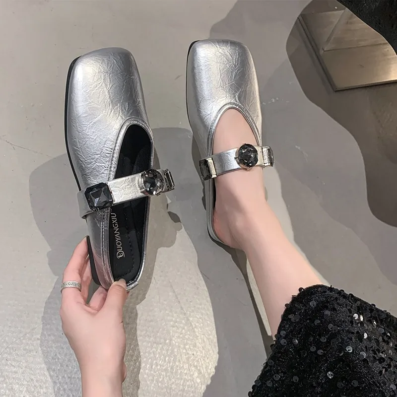 Baotou Semi-slippers Women's Summer New Flat crystal Square Toe Pumps Women's Sequined Mary Jane Women's Shoes