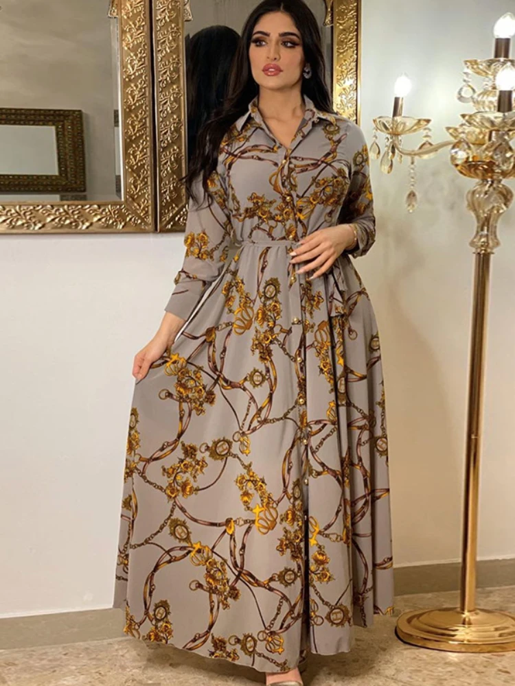 New Autumn Muslim Women Shirt Dress Morocan Kaftan Long Sleeve Turkey Dubai Print Abaya Islamic Clothing Vestido India Dresses