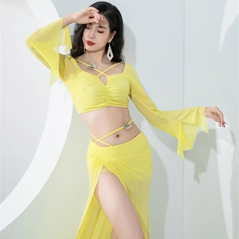 

Sexy Dance Dresses Adults Women Water Yarn Gauze Dancewear 2 Piece Long Sleeve Stage Clothes Belly Dance Competition Show Wear