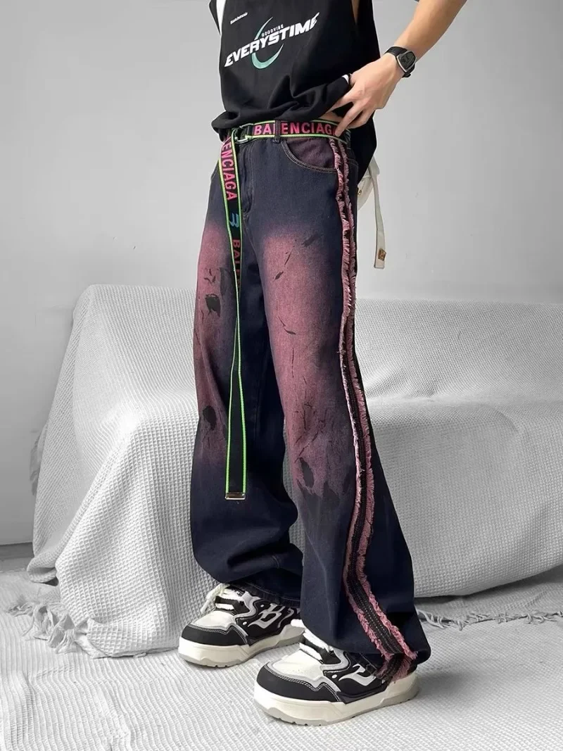 

American Retro Color Washed Tie-dye Raw Edge Jeans Women's Straight-leg Pants Korean Fashion Baggy Wide-leg Pants Y2k Clothes