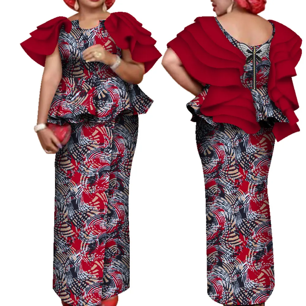 African Women\'s Clothing Floral Print Ruffle Sleeve Top Shirt and Long Skirt 2 Pieces Set Elegant Dashiki African Clothes Wy7643