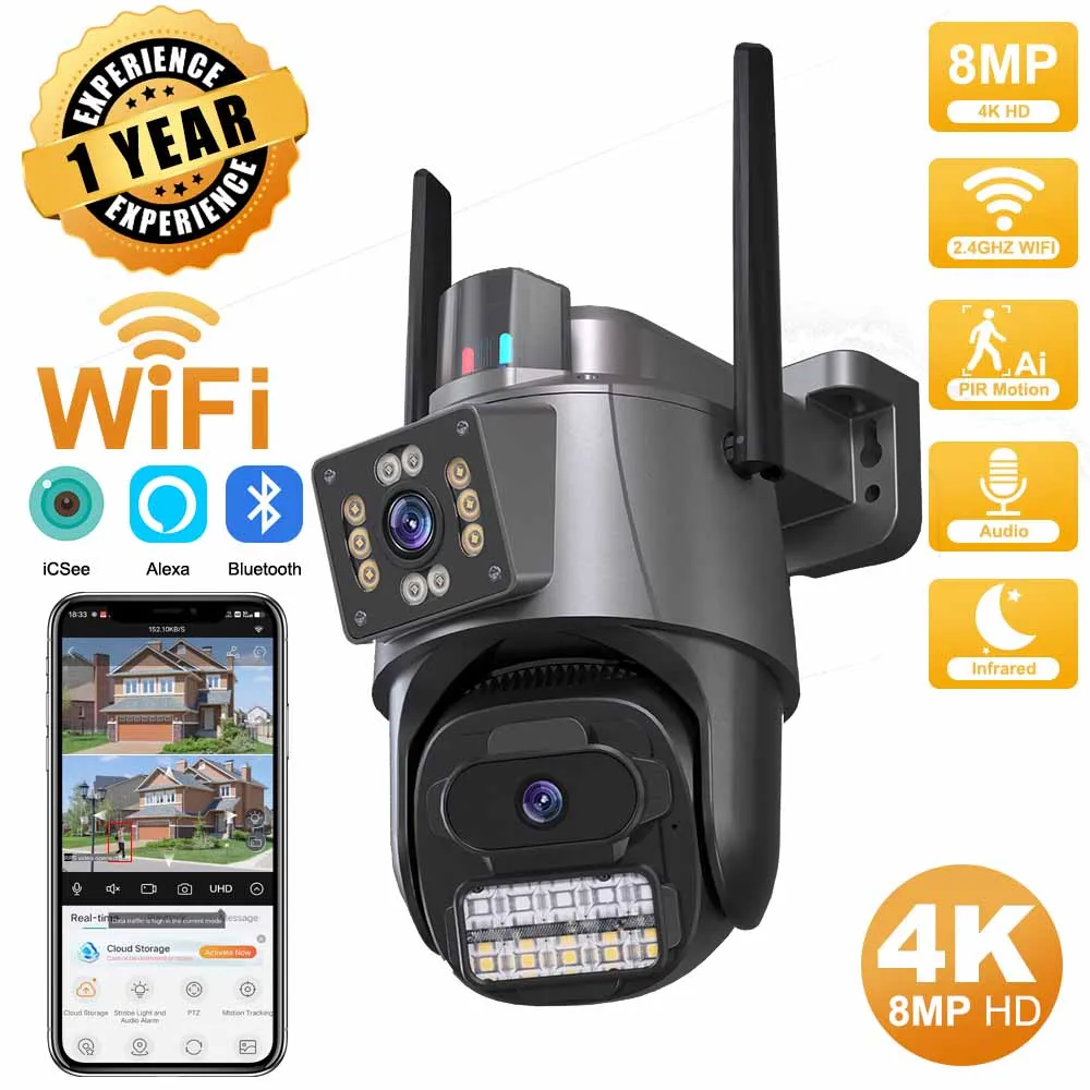 4K HD Dual Lens WIFI Camera 2K Dual Screen PTZ Camera Outdoor Auto Tracking Security Camera Waterproof Surveillance ICSEE