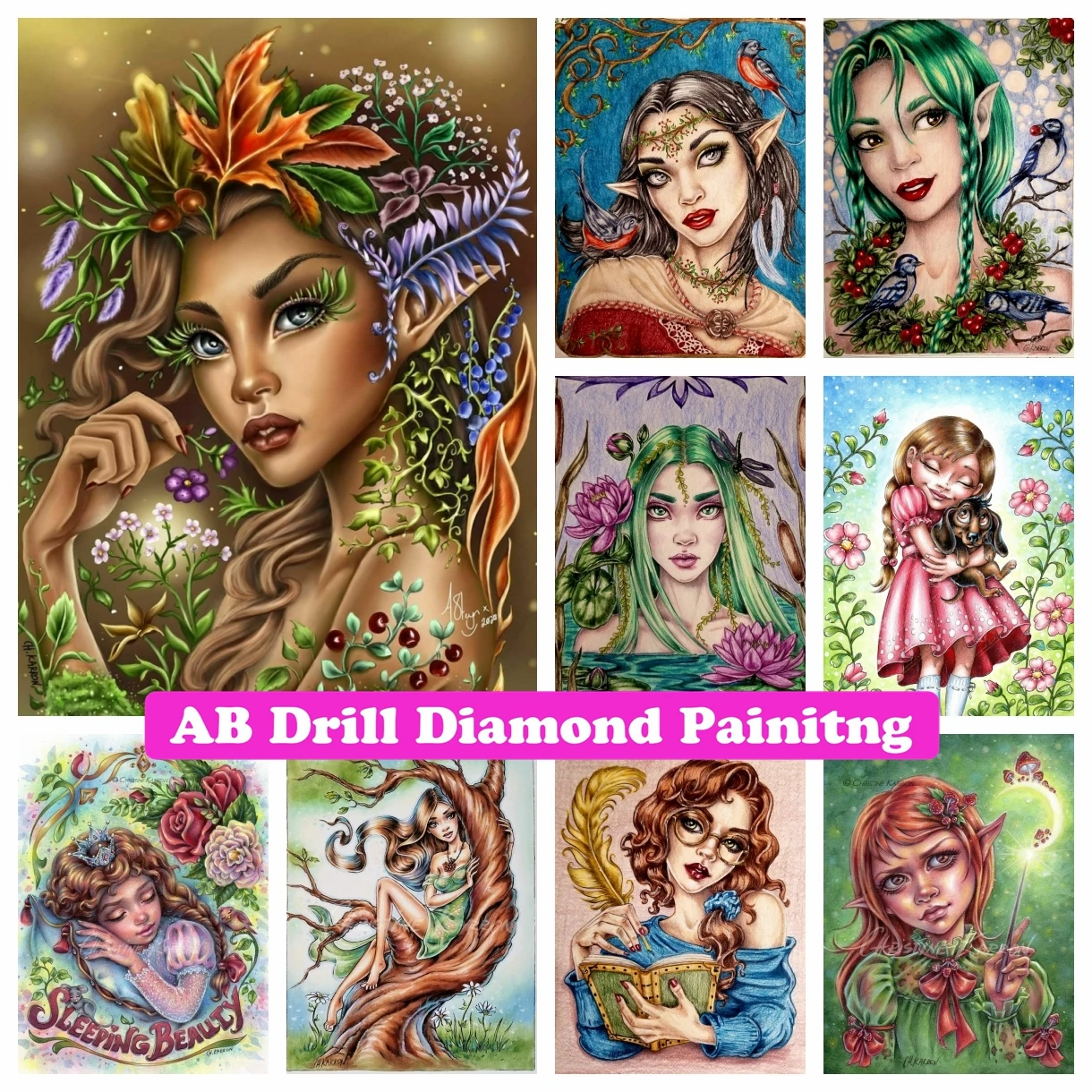 Forest Sprite Water Nymph 5D DIY AB Drills Diamond Painting Cross Stitch Fantasy Cartoon Girl Mosaic Rhinestone Hobby Home Decor