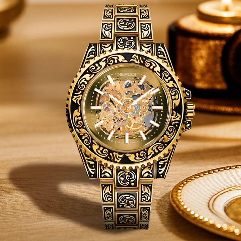 A men's yellow steel strap dial with gear wheel for casual and fashionable gift giving, mechanical watch