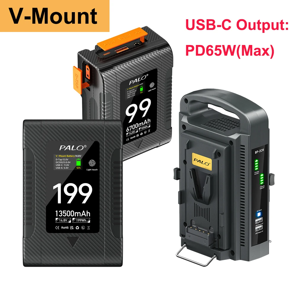 

V Mount Battery with Fast Charger V Lock V-Mount BP-99 BP-199 Batteries for Sony Camcorder Broadcast Video Light Blackmagic URSA