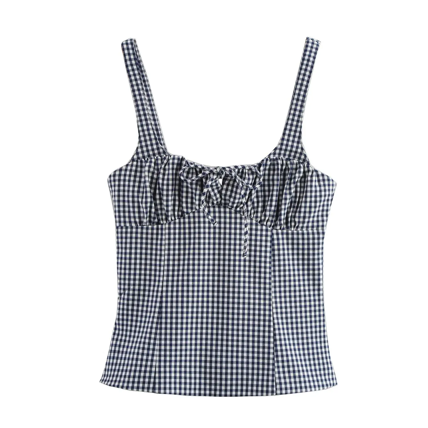 PB&ZA Women Gingham Check Spaghetti - Strap Top with Ruched Front and Tie - up Detail Stylish Summer Fashion on AliExpress