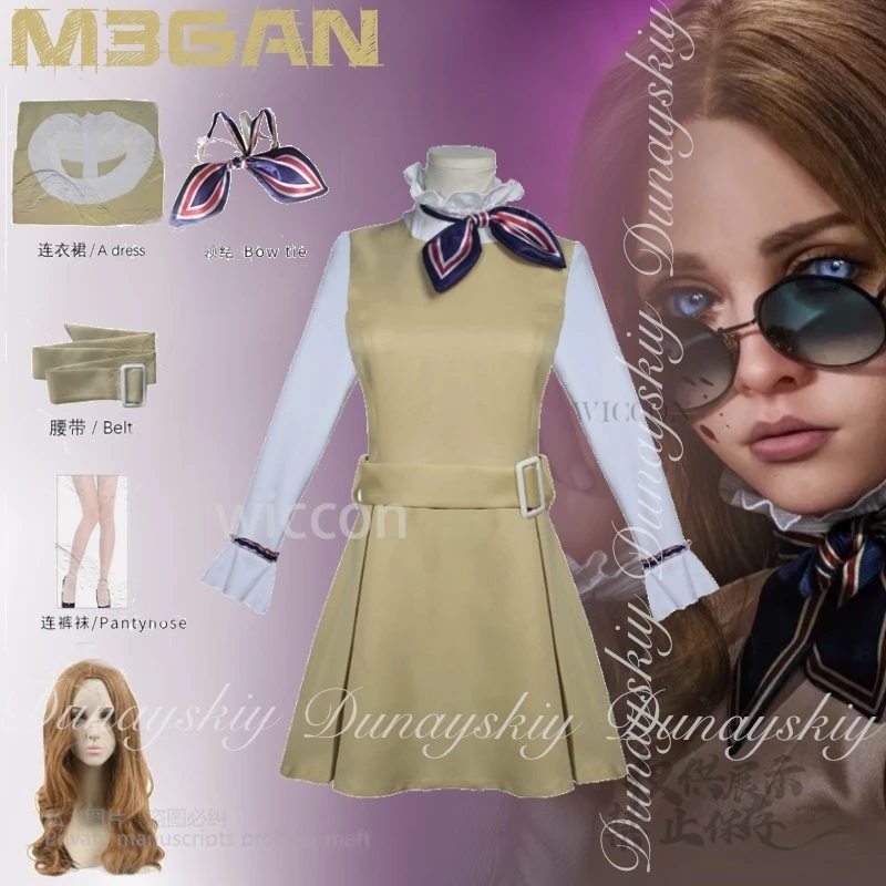 125 M3GAN2.0 فيلم M3gan تأثيري قتل المحظية يدويا AI روبوت مع فستان أصفر شعر مستعار أشقر زي الهالوين جميع مجموعة كوس