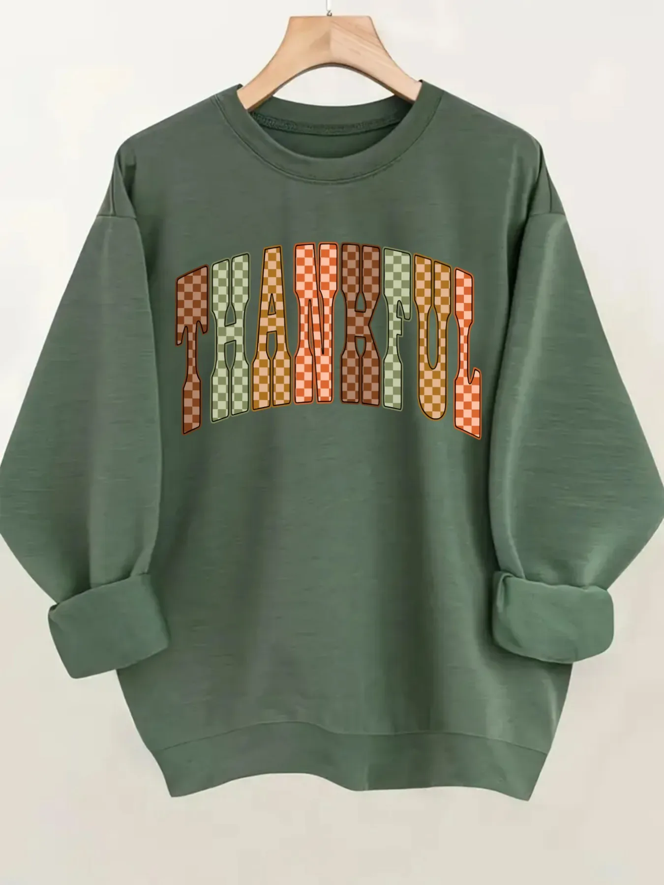 Women's Crew Neck Pullover Sweatshirt Checkered Thankful Print Design, Soft Casual Long Sleeve, Daily Casual Top Outfit, Winter Women's Clothing, Thanksgiving Outfit