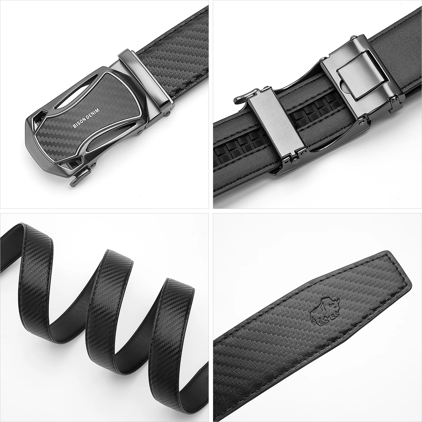 BISON DENIM Automatic Buckle Men\'s Belt Luxury Brand Cow Leather Belts Fashion Black Genuine Leather Straps for Men 3.4cm Width