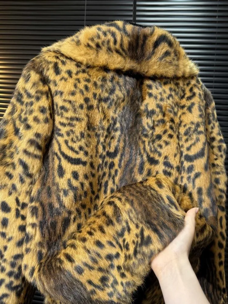 Elegant Female Retro Leopard Print Zipper Keep Warm Rabbit Hair Coat Patchwork Windproof Loose Long Sleeves Winter Fashion Women