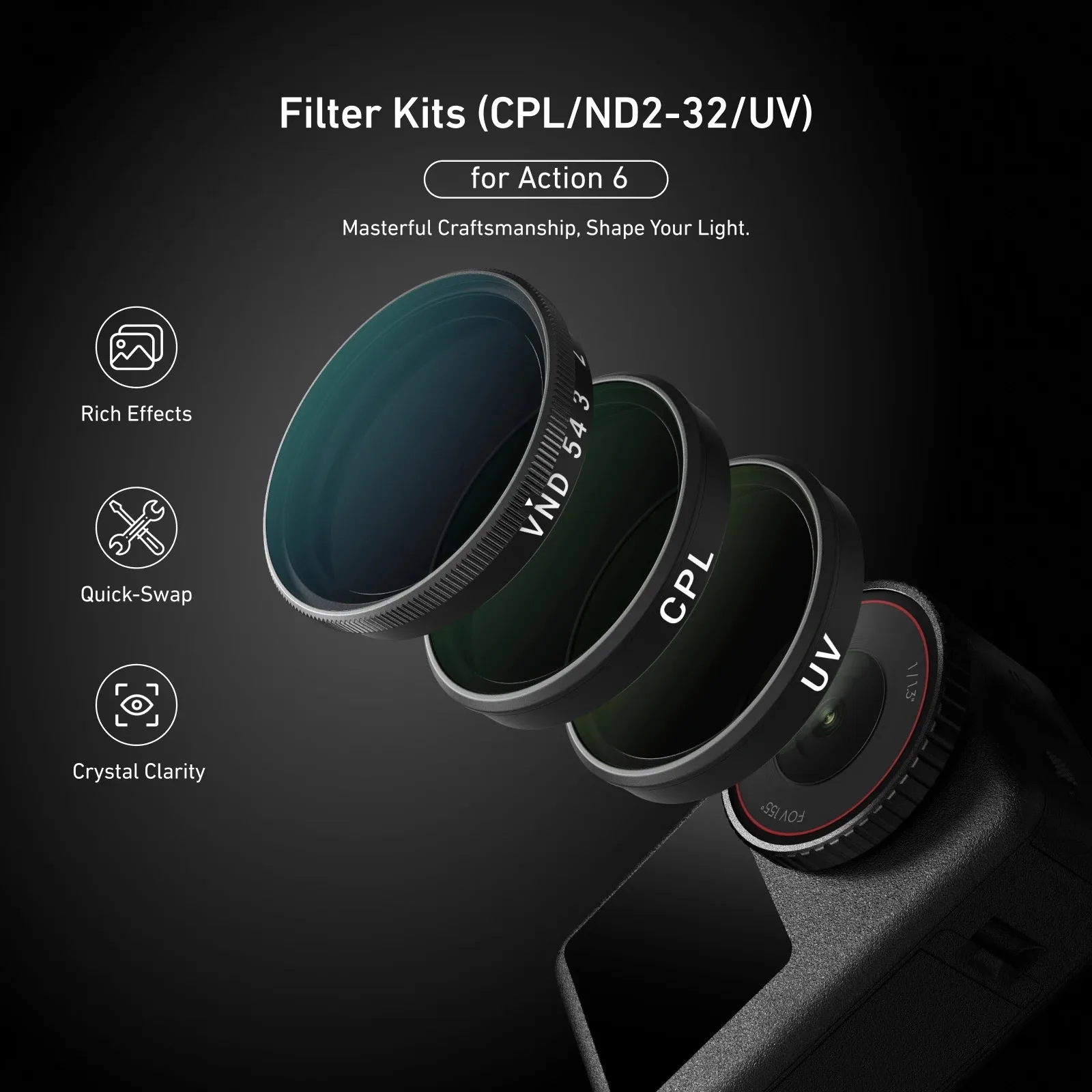 ชุดฟิลเตอร์เลนส์แบบถอดเร็ว TELESIN CPL ND8 ND16 ND32 UV VND สำหรับกล้อง DJI OSMO Action 6 อุปกรณ์เสริมสำหรับกล้องแอคชั่น ND UV VND