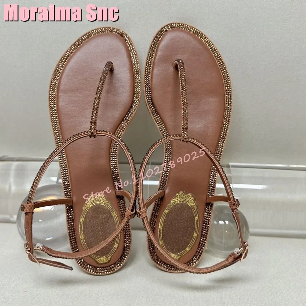 New Luxury Crystal Trim Clip Toe Flat With Sandals Bling Ankle Buckle Strap Solid Fashion Women\'s Shoes Summer Outdoor Casual