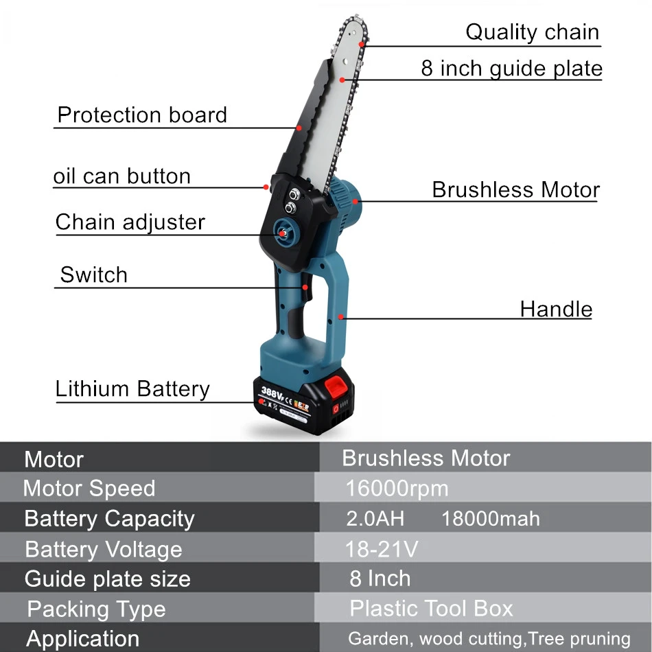 8 Inch Cordless Mini Electric Pruning Saw Brushless Electric Saw Chainsaw Handheld Wood Cutting Tool 20V Garden Tools Oil Can