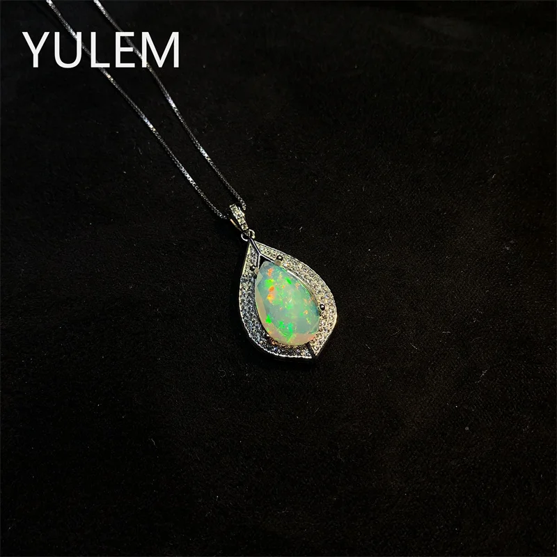YULEM925 Sterling Silver Water Drop Opal Pendant NecklaceOpal Gemstone  Neck Jewelry for Women Party Anniversary Gift