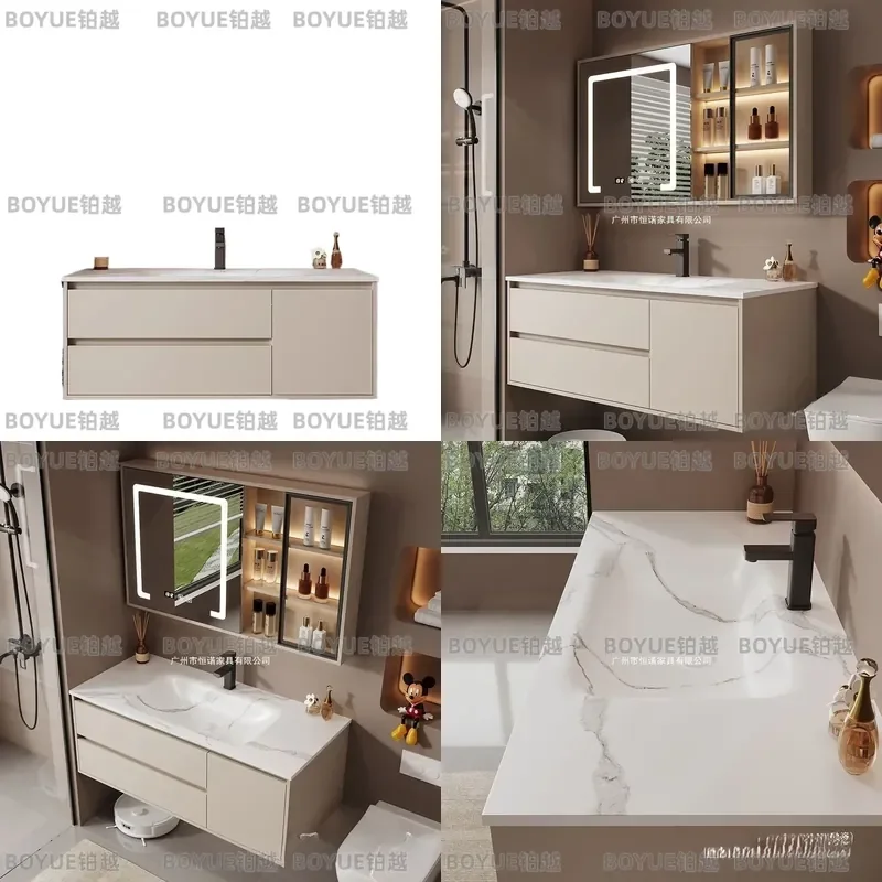 for Cream Wind Bathroom Cabinet Rock Slab Hot Bending Integrated Basin Toilet Washbasin Cabinet Combination
