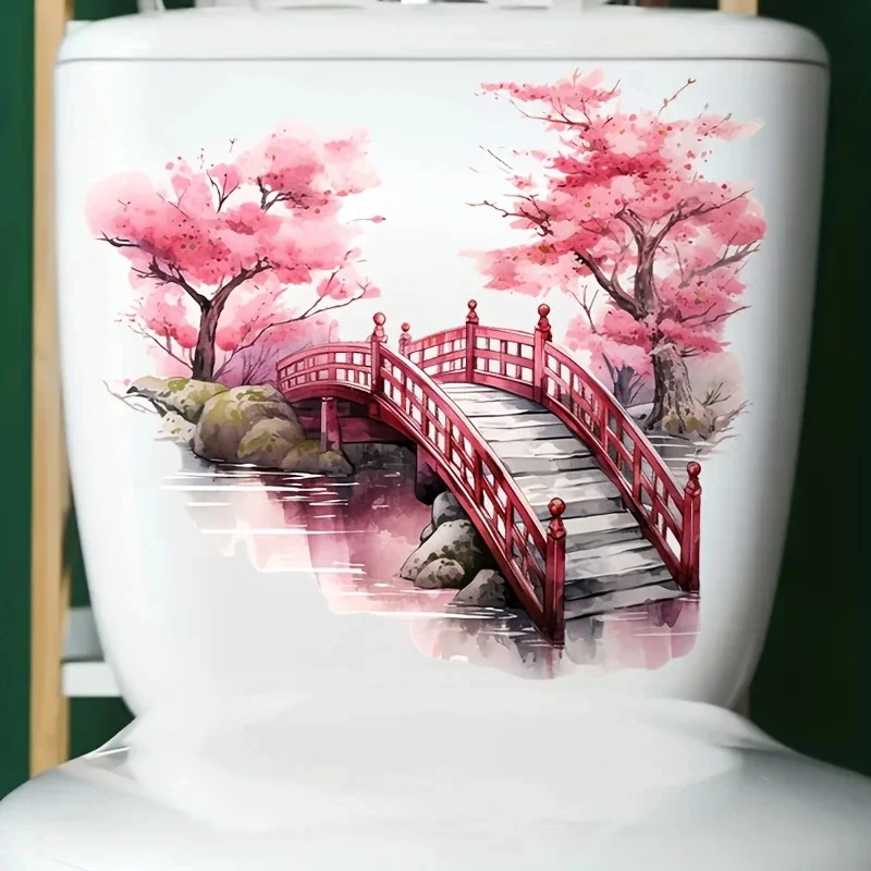 MT1299 # ملصق مرحاض Cherry Blossom and Bridge - ديكور حمام ذاتي اللصق مع تصميم مناظر طبيعية صامتة، شجرة وردية متفتحة #2