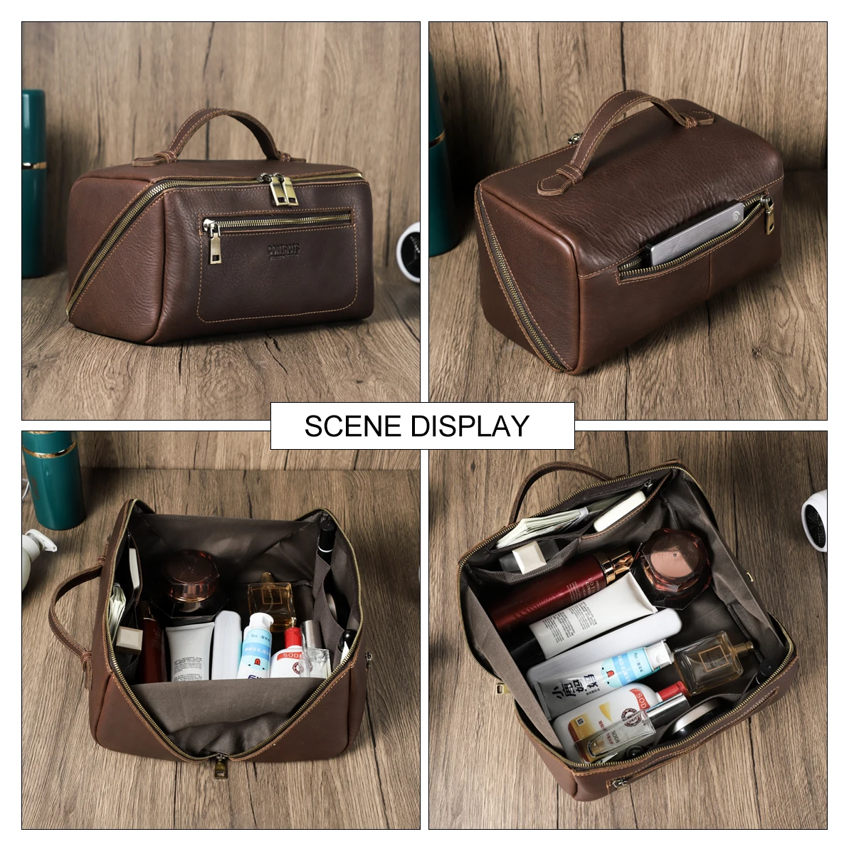 CONTACT'S Genuine Leather Cosmetic Bags for Men High Quality Makeup Bag Wash Bag Male Tote Toiletry Bag Travel Bag Clutch Bags