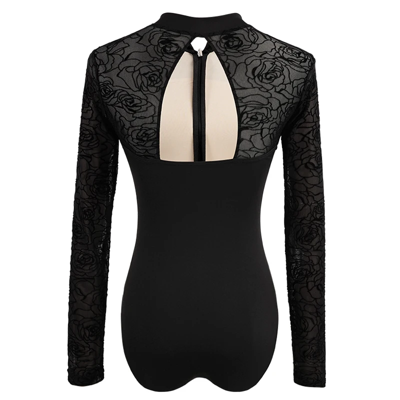 Body per balletto per le donne abbigliamento da ballo pizzo nero Hollow Back abbigliamento per Ballerina per adulti body a maniche lunghe Costume con colletto rialzato