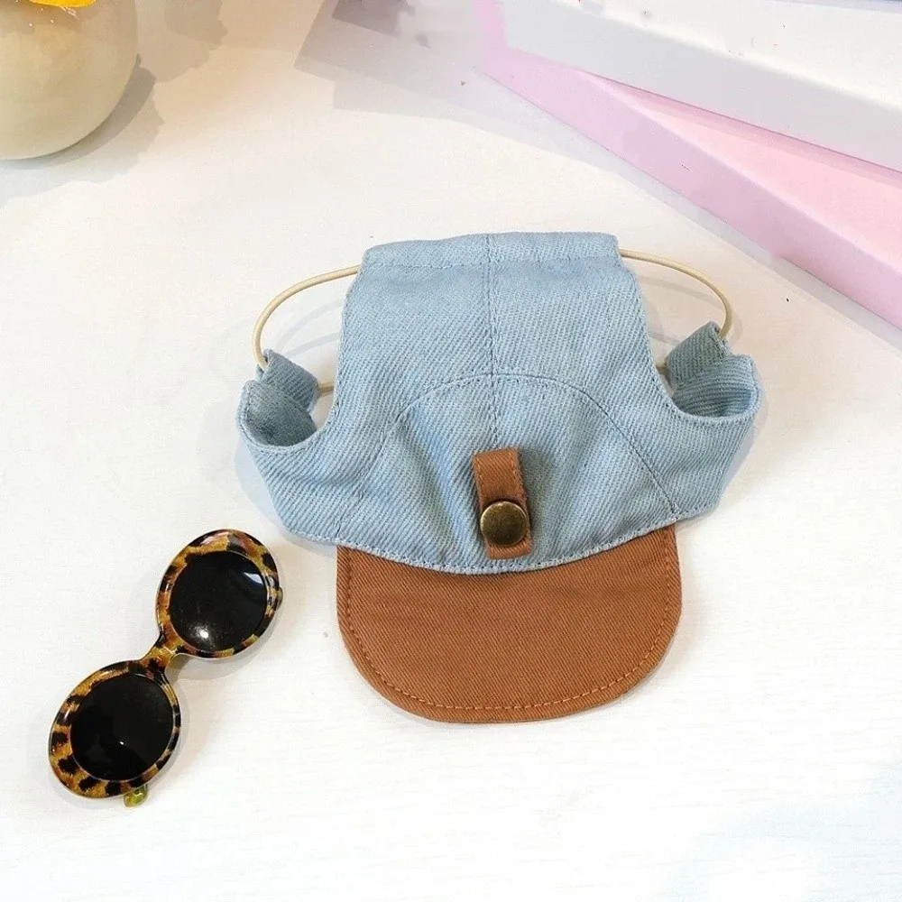 Korean Style Dog Sun Hat with Sunglasses Denim Cap with Ear Holes Dog Visor Hats Adjustable Puppy Baseball Cap Beach Activities