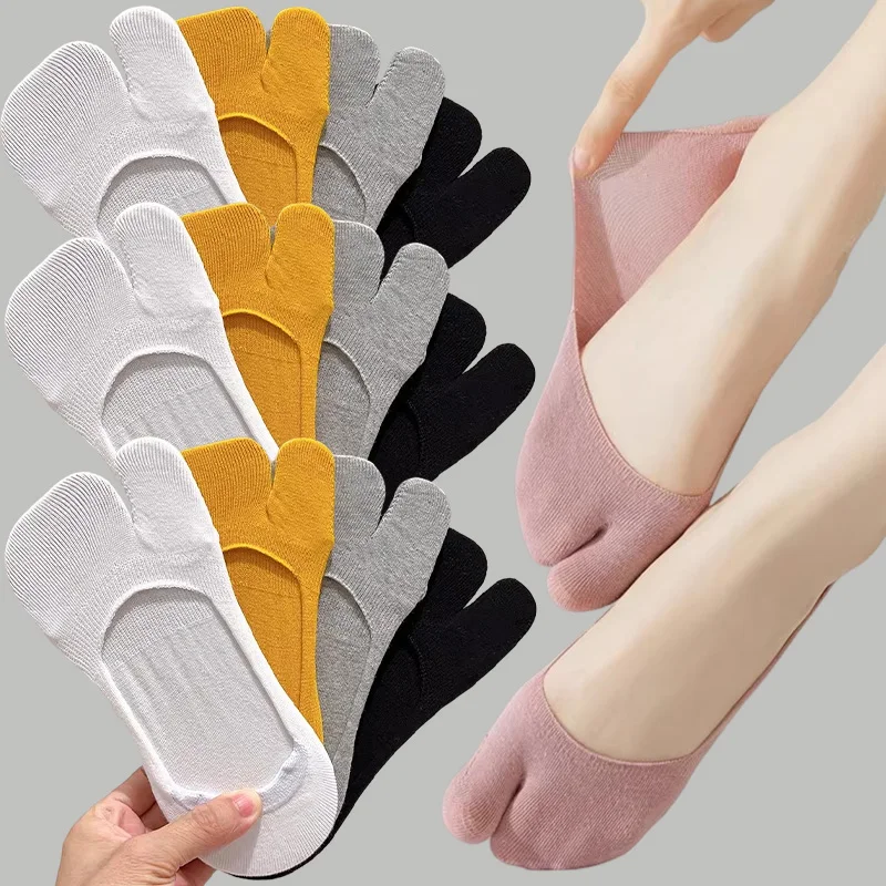 5pairs Two Finger Socks Summer Combed Cotton Couple Tabi Sock Two Toe Socks Women Men Non-slip Invisible Low Cut Boat Socks
