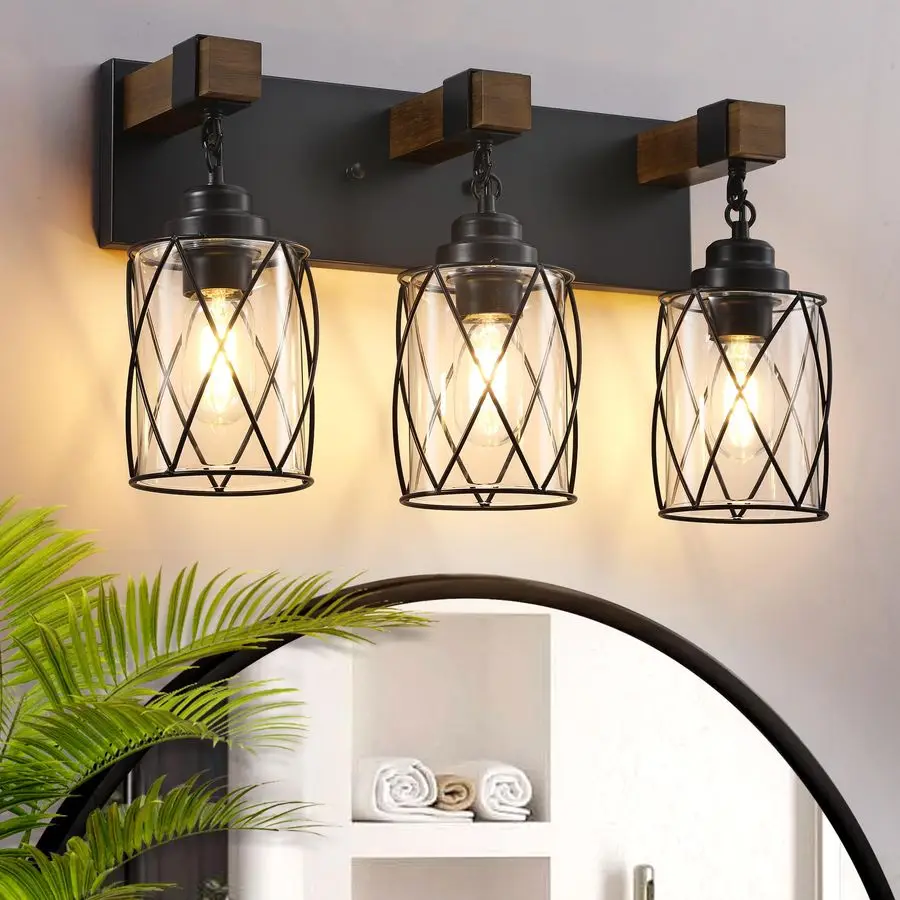 

Bathroom Light Fixtures, 3 Light Bathroom Vanity Light with Metal and Glass Lampshade, Wood Rustic Lighting Fixtures Over Mirror