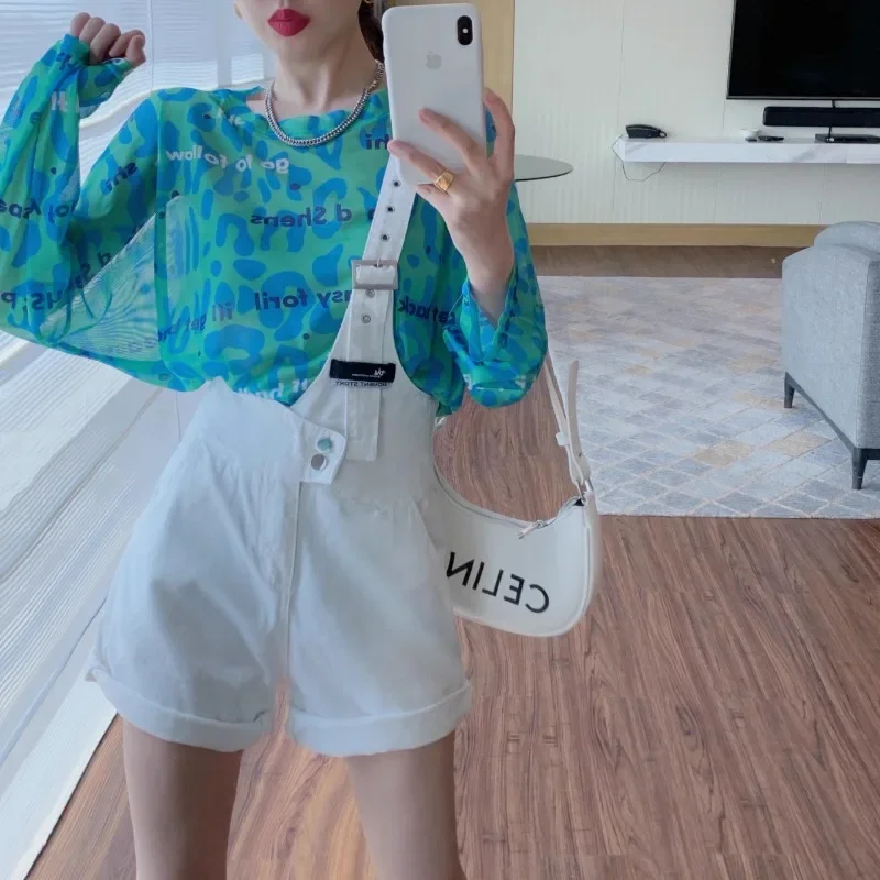 Wide-leg Pants Fashion Mini Denim Overalls One Shoulder Strap Jumpsuit Blue White Jeans Casual Loose Shorts Trousers  In stock